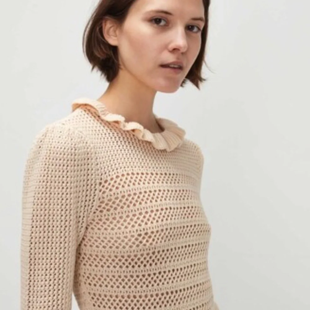 7 FOR ALL MANKIND | Ruffle Neck Long Sleeve Sweater in Heather Oatmeal | Size M